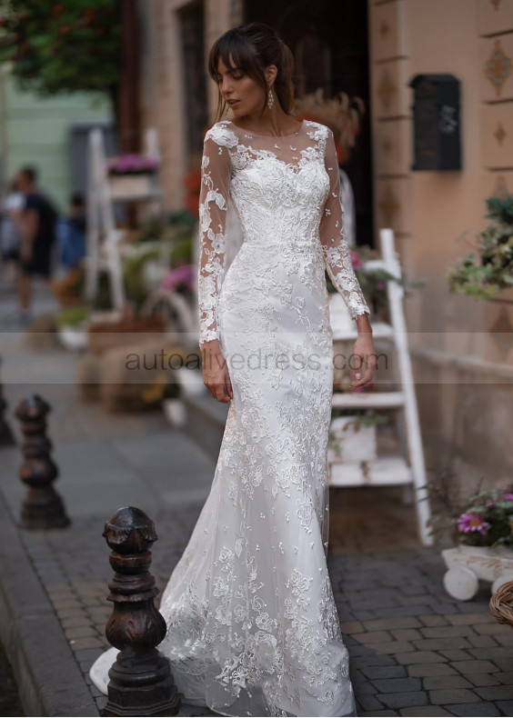 Ivory Lace Tulle Modern Wedding Dress With Detachable Train